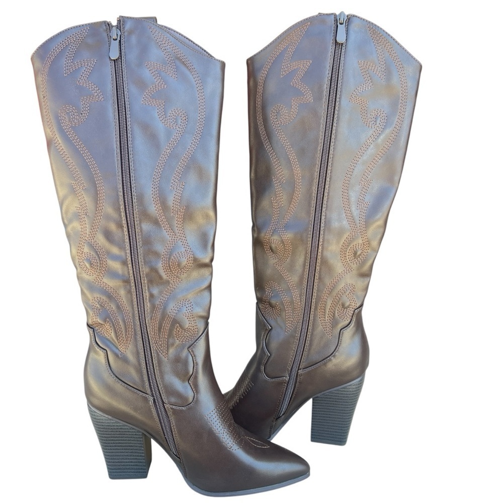 NWOT Dream Pairs Brown Embroidered Cowgirl Pull On Knee High Boots Women Size 8 - Picture 6 of 7